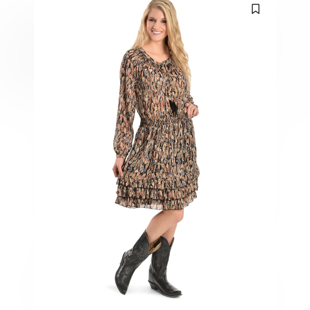 Scully Brown Feather Print Ruffled Tiered Long Sleeve Dress